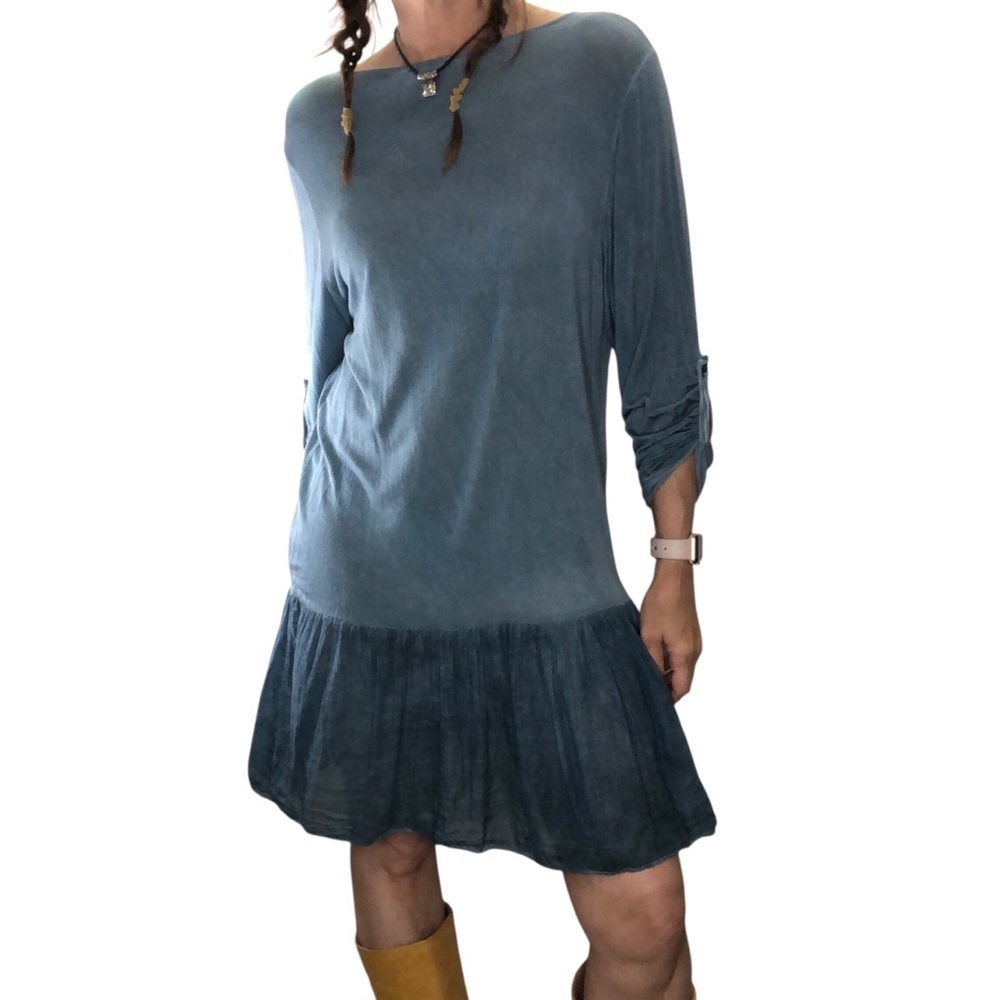 Meo Meli Dress Sz M Blue Ruffled Hem Lagenlook Jersey Knit Casual Going Out
